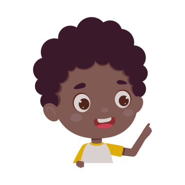 Harika bir fikri olan şirin bir çocuk. Çocuk tasarımı için şablon. Çizgi film çocuğu karakteri yüz ifadesi gösteriyor. Vektör illüstrasyonu.