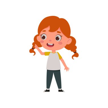 Harika bir fikri olan şirin bir kız çocuğu. Çocuk tasarımı için şablon. Çizgi filmdeki kız karakter yüz ifadesi gösteriyor. Vektör illüstrasyonu.