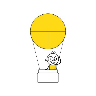 Balonla uçan komedyen iş görüşü yoluyla görüyor. Görev zaferi ya da kariyer yolu kavramına ulaşmayı planlayan liderlik. Vektör stok illüstrasyonu.