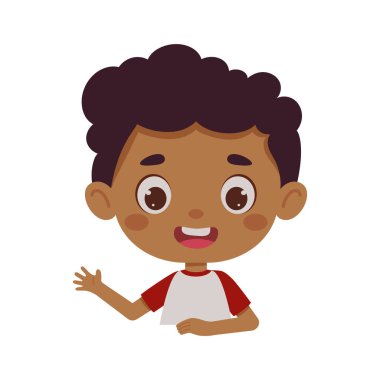 Elini sallayan sevimli çizgi film çocuğu. Küçük okul çocuğu karakteri. Çocuk tasarımı için şablon. Vektör illüstrasyonu.