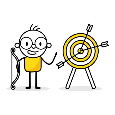 Okçuluk atışı hedefi vurdu. Hedefe ya da hedefe ulaşma başarısı, zafer ya da kazanan, verimlilik ya da mükemmellik kavramı. Vektör stok illüstrasyonu.