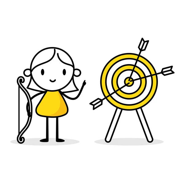 Woman Archery Shoot Hitting Bullseye Target Success Reaching Goal Target — Stock Vector