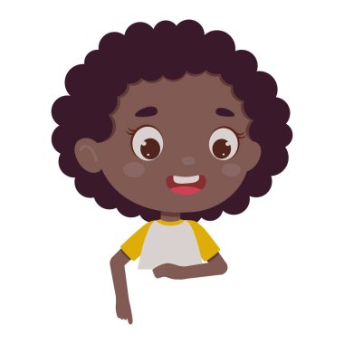 Sevimli küçük kız boş posteri işaret ediyor. Çocuk tasarımı için şablon. Çizgi kız öğrenci karakteri. Vektör illüstrasyonu.