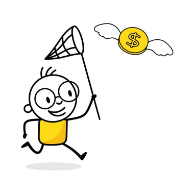 Adam uçarak para kazanmaya çalışıyor. Yüksek performanslı aktif yatırım fonunu takip etmek, sıcak ETF konseptini yakalamak ya da kapmak. Vektör stok illüstrasyonu.