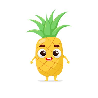Komik çizgi film ananası. Kawaii meyve karakteri. Beyaz arkaplanda izole edilmiş vektör gıda illüstrasyonu.