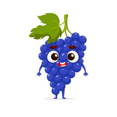 Komik karikatür üzümü. Kawaii meyve karakteri. Beyaz arkaplanda izole edilmiş vektör gıda illüstrasyonu.