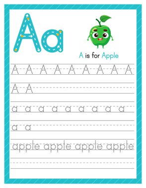 A harfi büyük ve küçük harf. Çizgi film elmasıyla İngilizce öğrenen çocuklar için alfabe takip alıştırması anasınıfı. Anaokulu için etkinlik sayfası. Vektör illüstrasyonu.