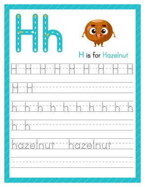 H harfi büyük ve küçük harf. Çizgi film fındıklı İngilizce öğrenen çocuklar için alfabe takibi hazırlık çalışması. Anaokulu için etkinlik sayfası. Vektör illüstrasyonu.