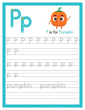 P harfi büyük ve küçük harf. Çizgi balkabağıyla İngilizce öğrenen çocuklar için alfabe takip alıştırması. Anaokulu için etkinlik sayfası. Vektör illüstrasyonu.