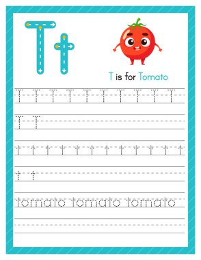 Büyük harf ve küçük harf T harfi. Çizgi film domatesiyle İngilizce öğrenen çocuklar için alfabe takip alıştırması. Anaokulu için etkinlik sayfası. Vektör illüstrasyonu.