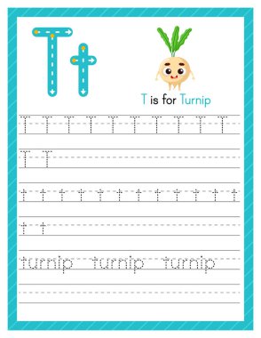 Büyük harf ve küçük harf T harfi. Karikatür şalgamla İngilizce öğrenen çocuklar için alfabe takip alıştırması. Anaokulu için etkinlik sayfası. Vektör illüstrasyonu.