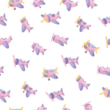 Pembe uçakları olan sevimli çocukların kusursuz desenleri. Kumaş, ambalaj, tekstil, duvar kâğıdı ve giysi için yaratıcı çocuk dokusu. Vektör illüstrasyonu.