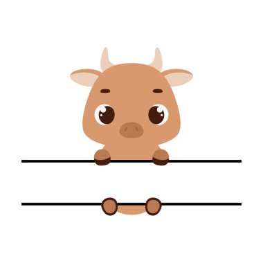 Tatlı boğa monogramı. Gömlek, hatıra defteri, tebrik kartı, bebek partisi, davetiye için komik çizgi film karakteri. Parlak renkli çocuksu hisse senedi temsili.