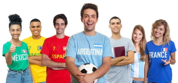 Voetbalfan Uit Argentinië Met Voetbalsupporters Uit Spanje Brazilië Mexico Qatar — Stockfoto