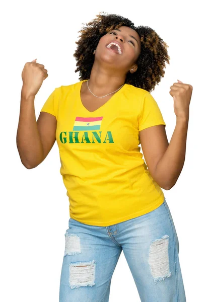 Heja Fotboll Fläkt Från Ghana Med Gul Skjorta Isolerad Vit — Stockfoto