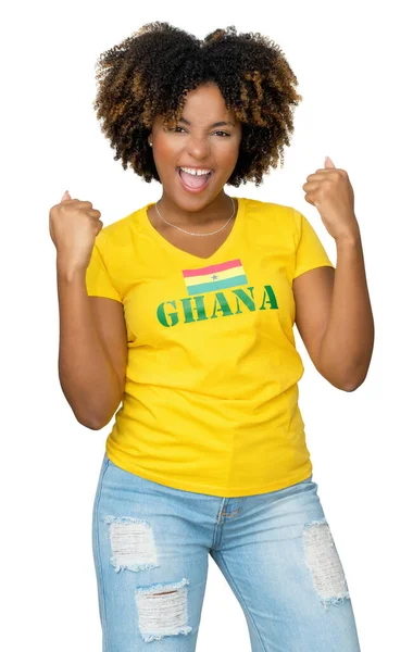 Šťastný Fotbalový Fanoušek Ghany Žlutou Košilí Izolované Bílém Pozadí Pro — Stock fotografie