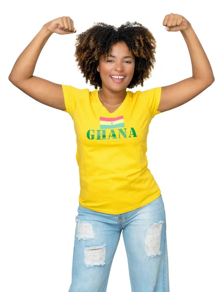 Erfolgreicher Jubelnder Fußballfan Aus Ghana Mit Gelbem Hemd Auf Weißem — Stockfoto