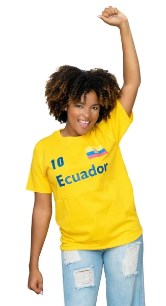 カットアウトのために白い背景に隔離された黄色のジャージーとエクアドルから応援女性サッカーファン — ストック写真