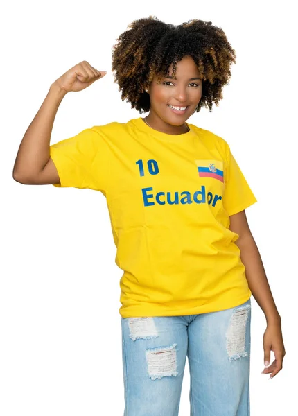 Śmiejący Się Fan Piłki Nożnej Kobiet Ekwadoru Żółtą Koszulką Izolowane — Zdjęcie stockowe