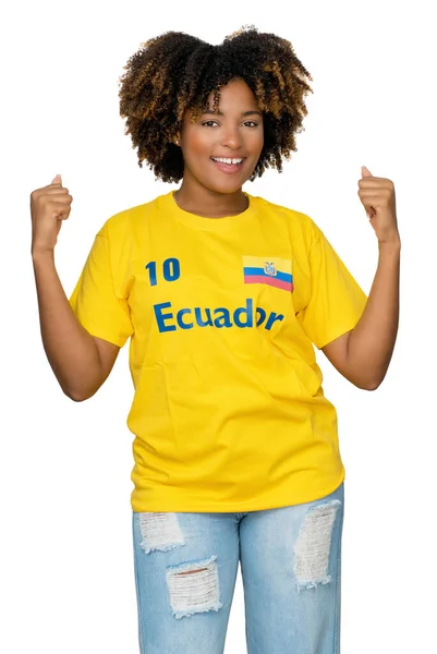 厄瓜多尔快乐的女足球迷 穿着黄色球衣 背景为白色 可以裁剪球衣 — 图库照片