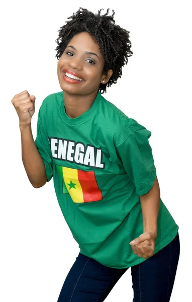 Heja Kvinnliga Fotbollsfan Från Senegal Med Grön Tröja Isolerad Vit — Stockfoto