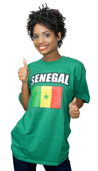Glad Kvinnlig Fotbollsfan Från Senegal Med Grön Jersey Isolerad Vit — Stockfoto