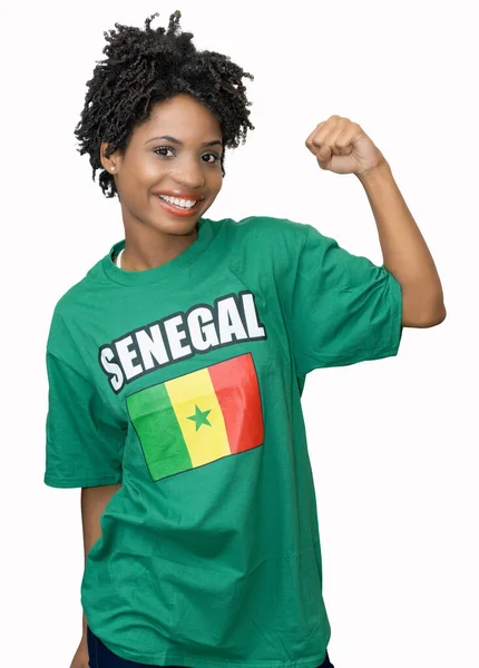 Ung Kvinnlig Fotbollsfan Från Senegal Med Grön Jersey Isolerad Vit — Stockfoto