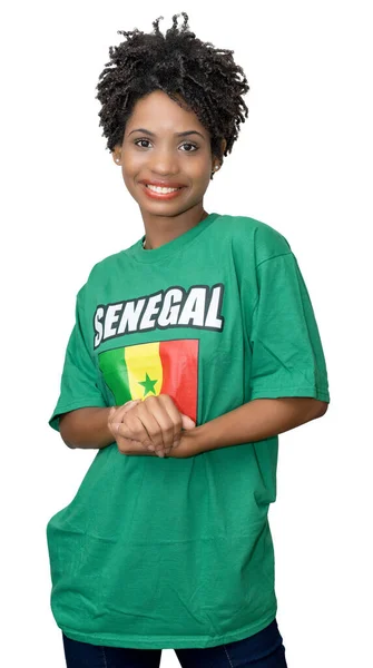 Söt Kvinnlig Fotbollsfan Från Senegal Med Grön Jersey Isolerad Vit — Stockfoto