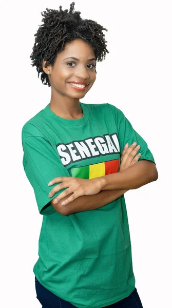 Прекрасна Жінка Фанат Футболу Сенегалу Зеленою Майкою Ізольованою Білому Тлі — стокове фото