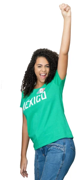 Successful Cheering Female Football Supporter Mexico Green Jersey Isolated White — Stock Photo, Image