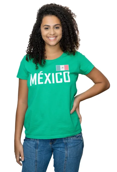 笑来自墨西哥的女足球支持者 穿着白色背景的绿色球衣退出比赛 — 图库照片