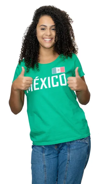 Boldog Női Labdarúgó Támogató Mexikóból Zöld Mez Elszigetelt Fehér Alapon — Stock Fotó