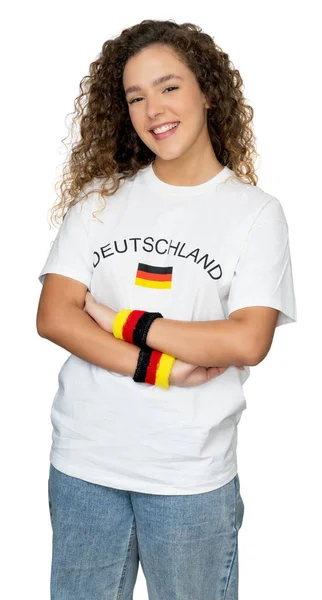 Skrattar Kvinnliga Fotbollsfan Från Tyskland Med Vit Jersey Isolerad Vit — Stockfoto
