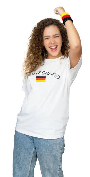 Heja Kvinnliga Fotbollsfan Från Tyskland Med Vit Jersey Isolerad Vit — Stockfoto