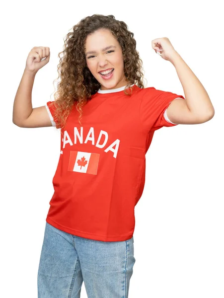 来自加拿大的女足球迷欢呼着 红色的球衣在白色的背景上被隔离了起来 — 图库照片