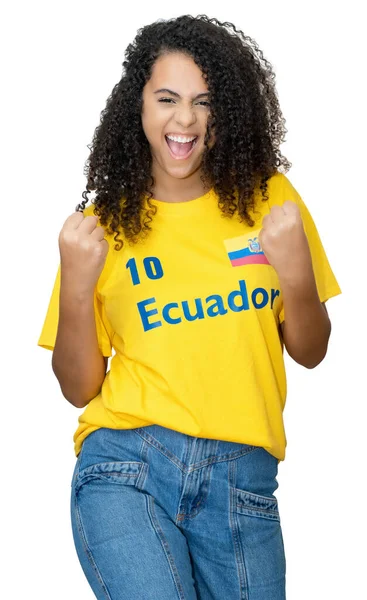 Jublande Ung Kvinna Från Ecuador Med Gul Fotboll Jersey Isolerad — Stockfoto