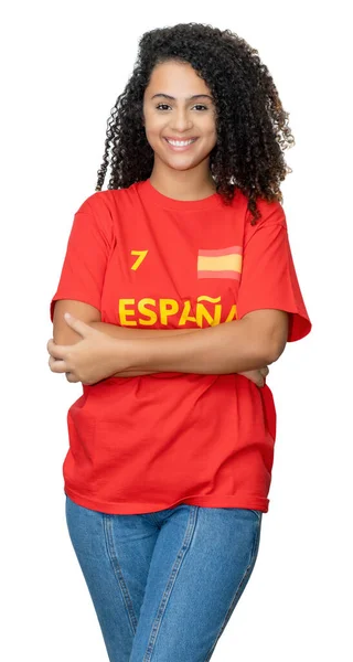 笑着从西班牙来的年轻女子 穿着红色足球球衣 被白色背景隔离在外面 因为她不在球场上 — 图库照片
