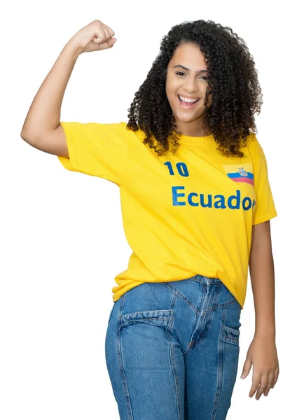 Sarı Futbol Formalı Ekvador Dan Gelen Mutlu Genç Kadın Beyaz — Stok fotoğraf