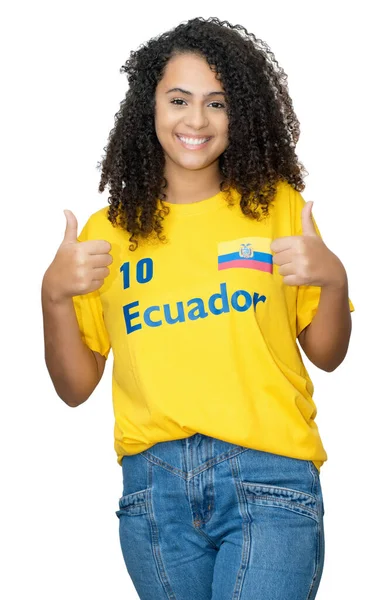 Skrattar Ung Kvinna Från Ecuador Med Gul Jersey Fotboll Isolerad — Stockfoto