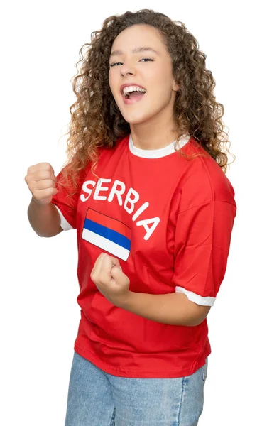 Szczęśliwy Fan Piłki Nożnej Kobiet Serbii Czerwoną Koszulką Izolowane Białym — Zdjęcie stockowe