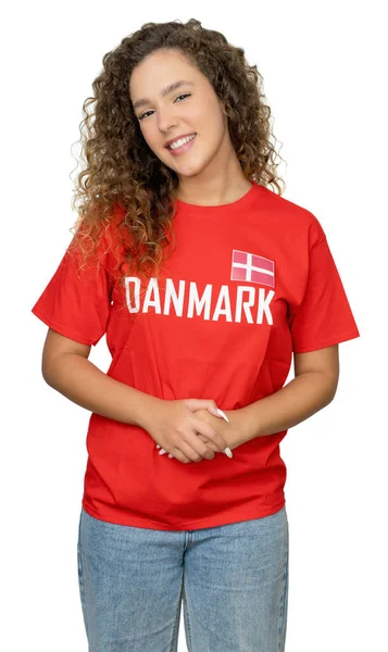 Amante Del Fútbol Femenino Riéndose Dinamarca Con Camiseta Roja Aislada — Foto de Stock