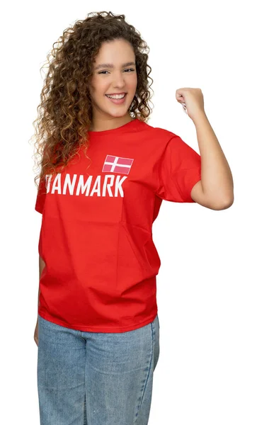 Danimarkalı Bayan Futbol Taraftarı Kırmızı Forması Beyaz Arka Planda Izole — Stok fotoğraf