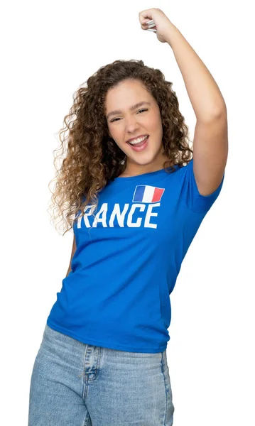 Fandící Ženský Fotbalový Fanoušek Francie Modrým Dresem Izolované Bílém Pozadí — Stock fotografie