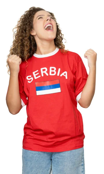 Heja Kvinnliga Fotbollsfan Från Serbien Med Röd Tröja Isolerad Vit — Stockfoto