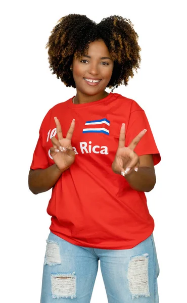Kosta Rika Dan Mutlu Bayan Futbol Taraftarı Kırmızı Futbol Forması — Stok fotoğraf