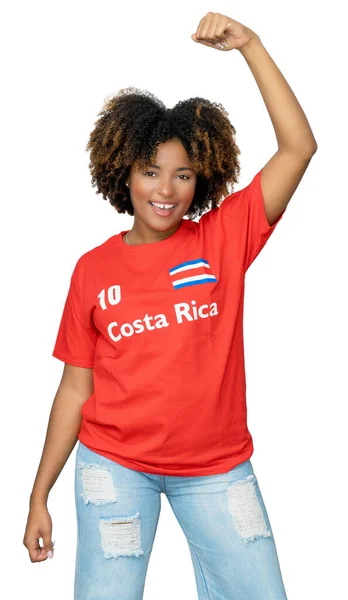 Roztleskávání Ženský Fotbalový Fanoušek Kostariky Červeným Fotbalovým Dresem Izolované Bílém — Stock fotografie
