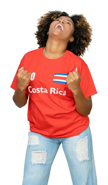 哥斯达黎加兴奋的女足球迷 穿着红色足球球衣 背景为白色 可被剪掉 — 图库照片