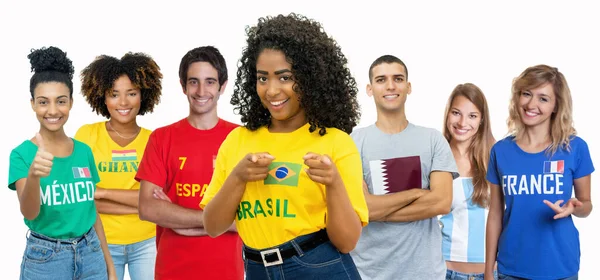 Lachender Fußballfan Aus Brasilien Mit Anhängern Aus Spanien Ghana Mexiko — Stockfoto