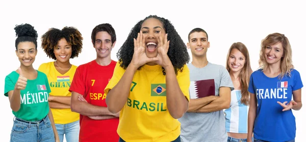 Vrolijke Voetbal Fan Uit Brazilië Met Supporters Uit Spanje Ghana — Stockfoto