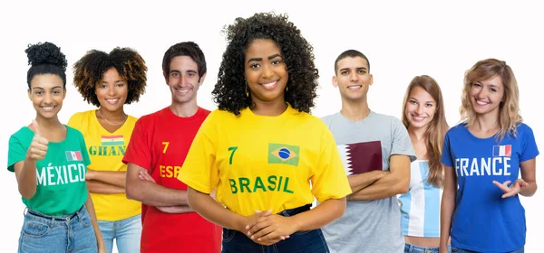 Hübscher Fußballfan Aus Brasilien Mit Anhängern Aus Spanien Ghana Mexiko — Stockfoto
